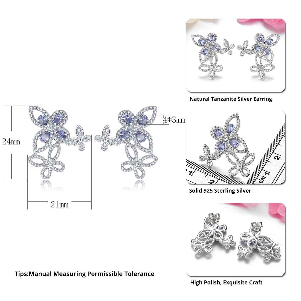 Natural Tanzanite Butterfly S925 Silver Earring 1.18 Carats Genuine Gemstone Romantic Sweet Design Engagement Party Gifts