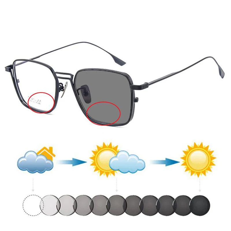 

Men Handmade Retro Ultralight Pure Titanium Square Photochromic Bifocal Reading Sunglasses Hyperopia Sunnies Shades Dark Glasses