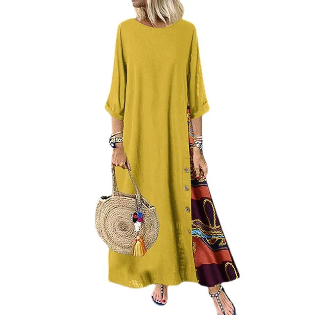 Cotton Linen Vintage Long Dresses Women Three Quarter Sleeves Splicing Print Loose A-line Dress Fashion Casual Lady Maxi Vestido