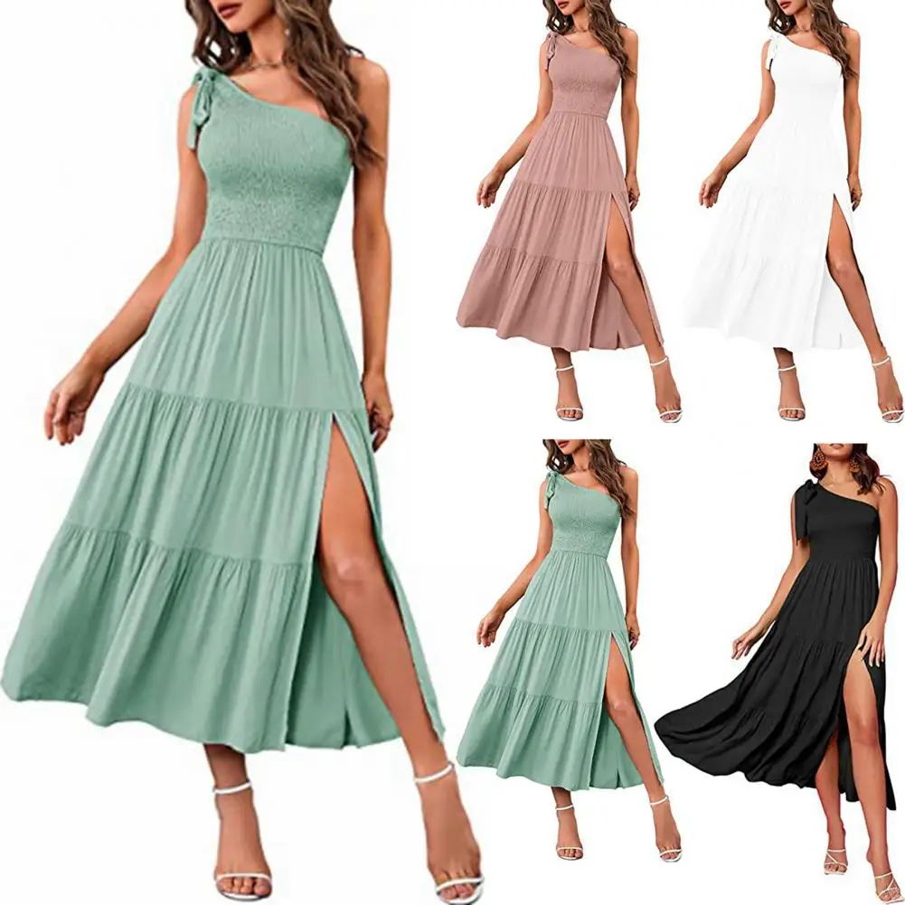 2023 Summer Sexy Cocktail Mid Length Dress Solid Color One Shoulder Hem Slit Dress Evening Dress Party Dress