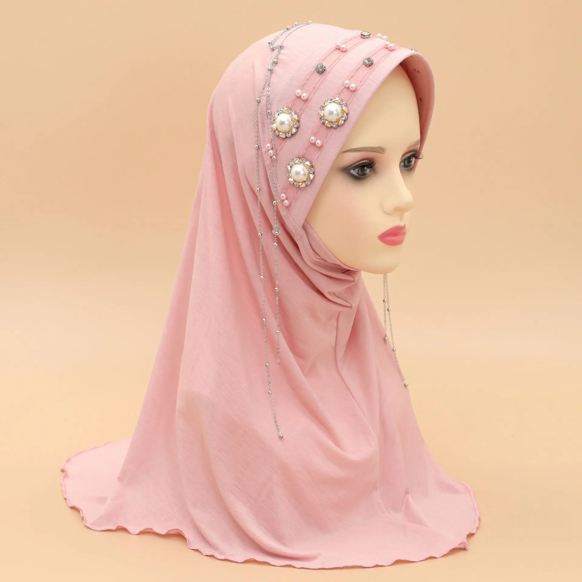 Beaded Drill Fringe Solid Color Cotton Hard Brim Headscarf Muslim Women Hijab Turban Islam Head Wrap Shawls Amira Pull On Hat