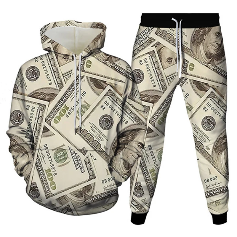 Męskie dresy z nadrukiem 3D w pokera i pieniądze modne codzienna bluza z kapturem + 2 sztuki zestawy modnych odzież męska sweter oversize Streetwear