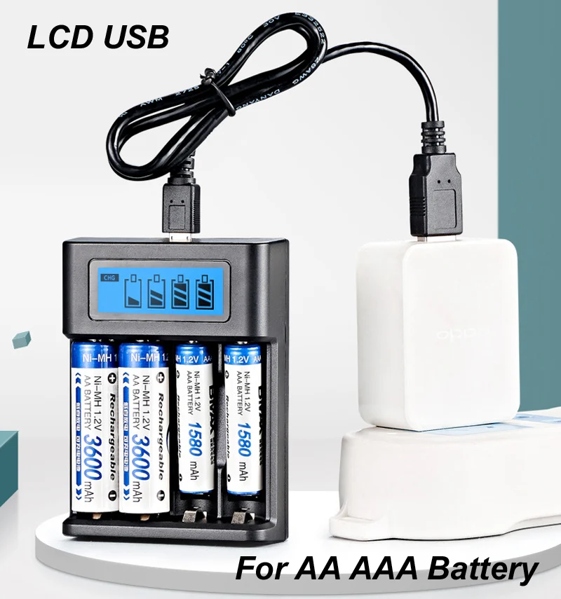 

4 Slots LCD Display Rechargeable AA AAA Battery Charger with indicator USB 5V 2A Fast Charge Charger for AA AAA Recharge Battery