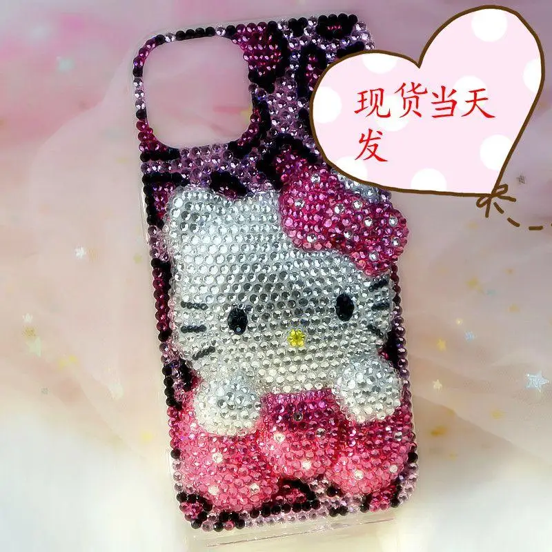 Hot Sanrio Kawaii Iphone Phone Case Hello Kitty Cartoon Three-Dimensional Glue Diamond Iphone15Promax Cartoon Anti-Fall Cover image 2