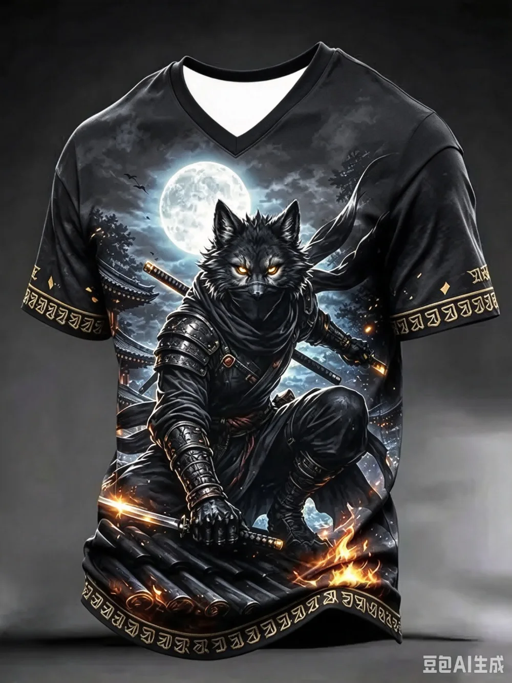 Fashion Moonlit Night Ninja 3D Print Casual Street Punk Outdoor Fitness Men Plus-size V-neck T-shirt Large Size parent-child top