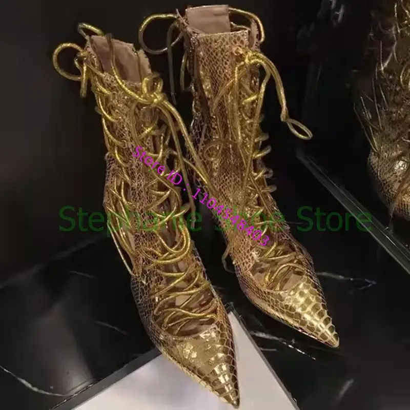 

Leather Gold Pointed Toe Strappy Boots Fashion Lady Stiletto High Heel Mid-Calf Boots Club Lace Up Design Zip Lace Up Gold Boots