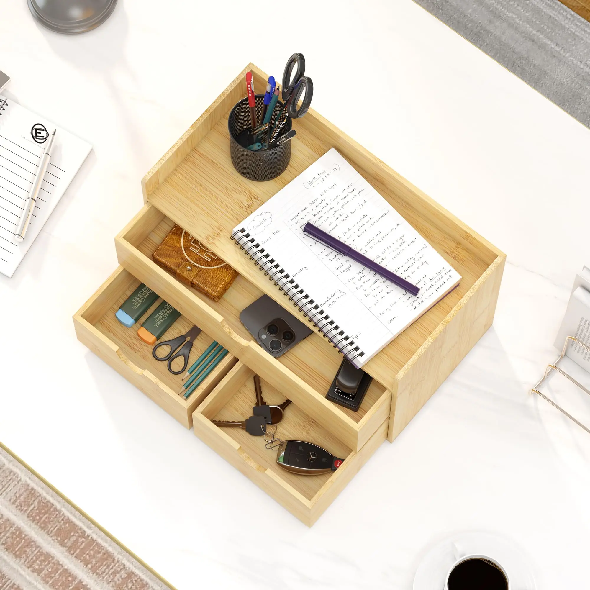 Wholesale Bamboo Desk Organizer With Drawers,Small Desktop Drawers For Countertop Tabletop Storage Container For Home Office
