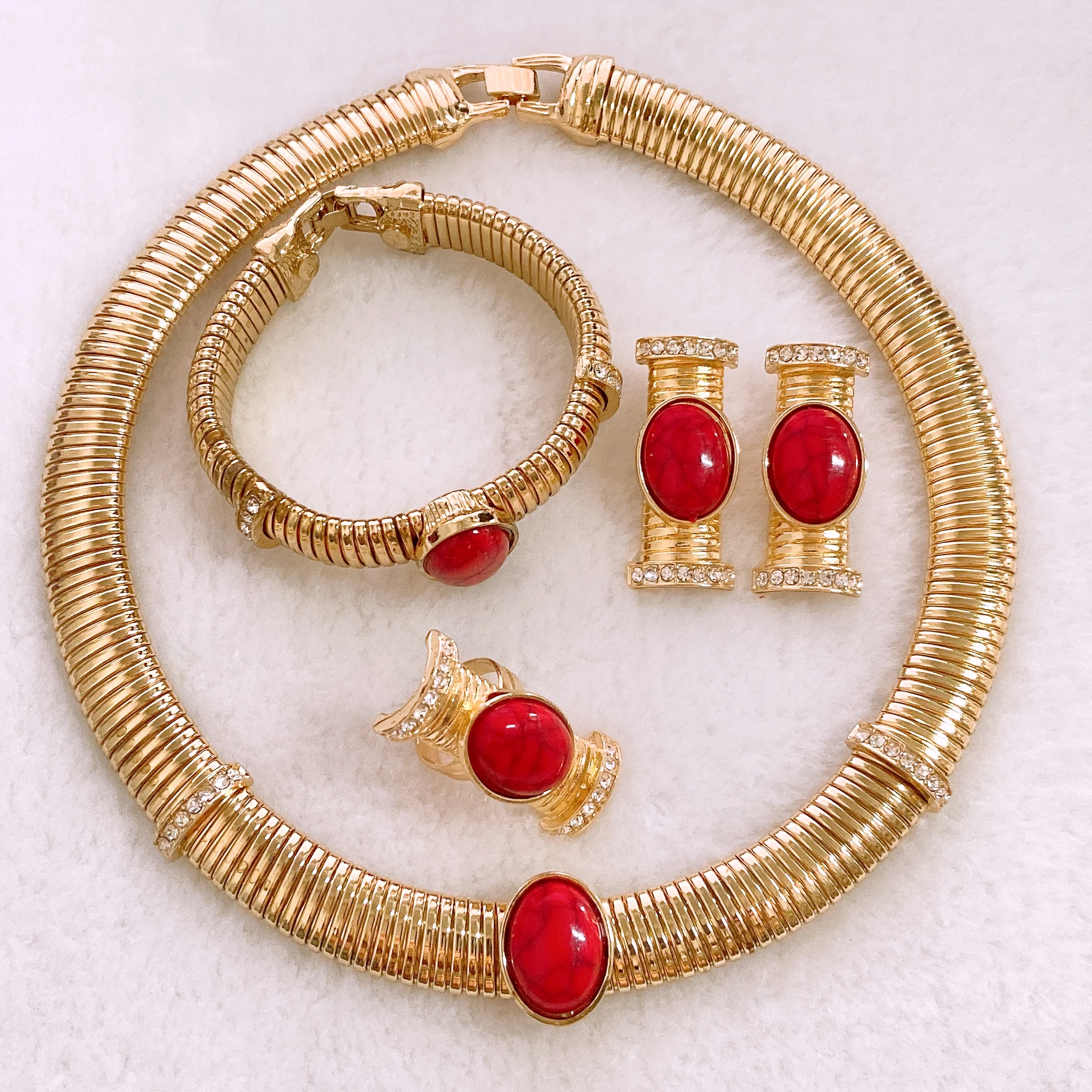 Women Jewelry Set Dubai Gold Plated Simple Fashion Round Necklace Copper Material Bracelet Earrings For Party Favors