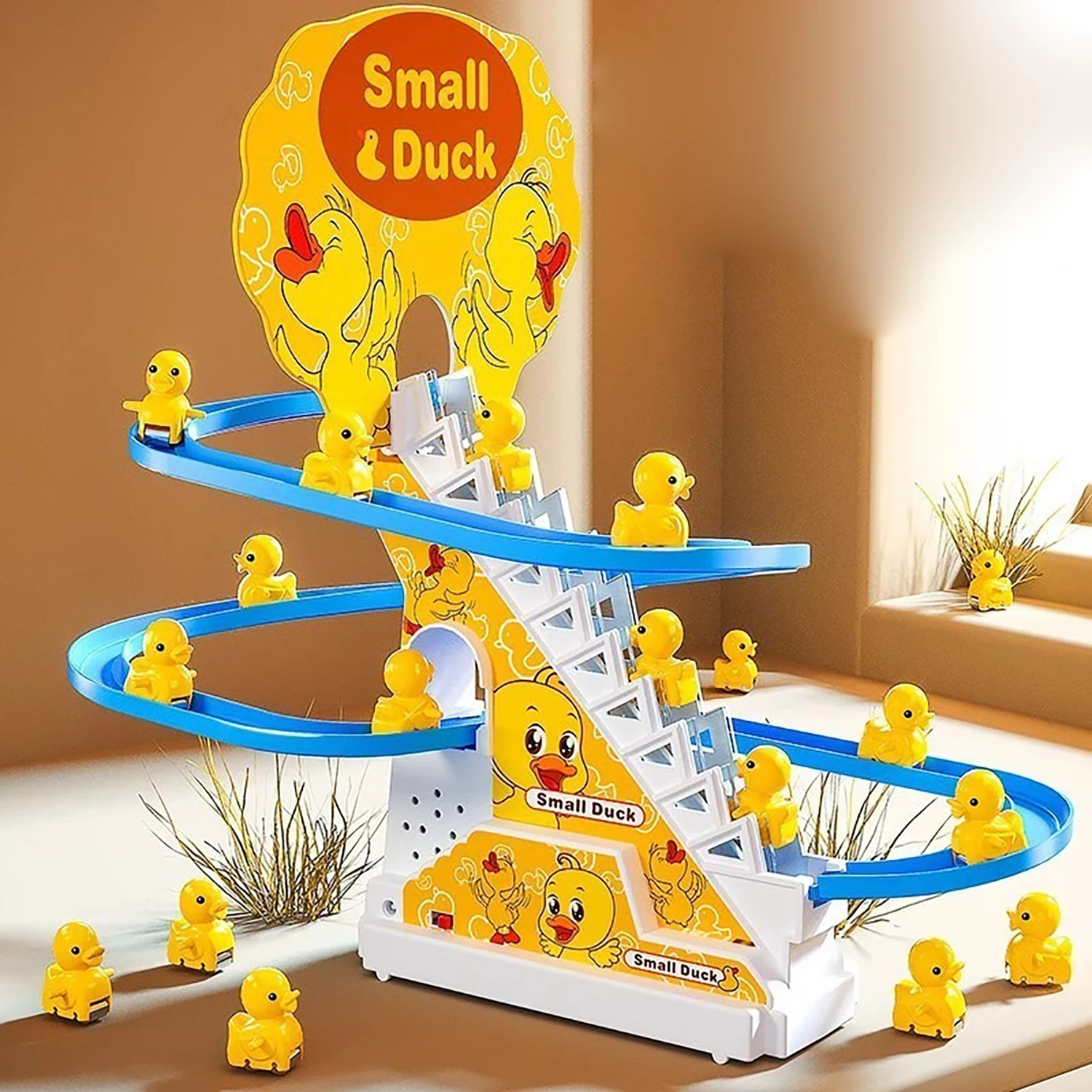 Quebra-cabeça de escada de escalada automática de pato amarelo infantil brinquedos de pista elétrica presentes divertidos criativos presentes de Natal e Páscoa