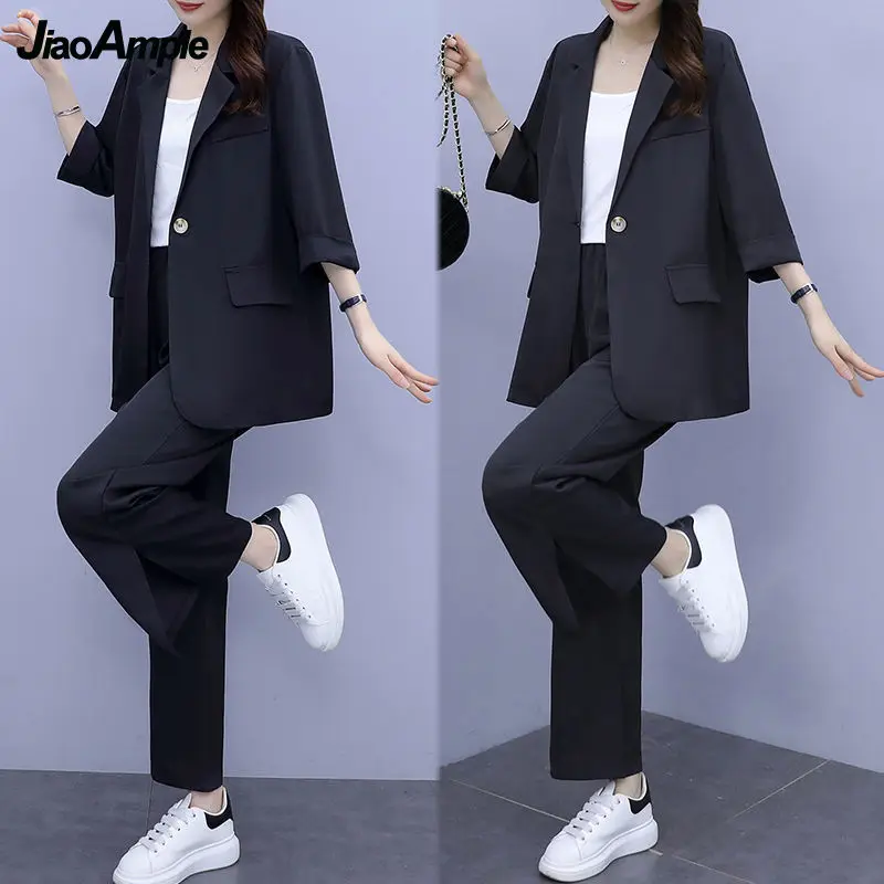 2024 Women Autumn New Casual Blazers Jacket Trousers Matching Set Korean Elegant Loose Suit Coat Pants Two Piece Female Clothing