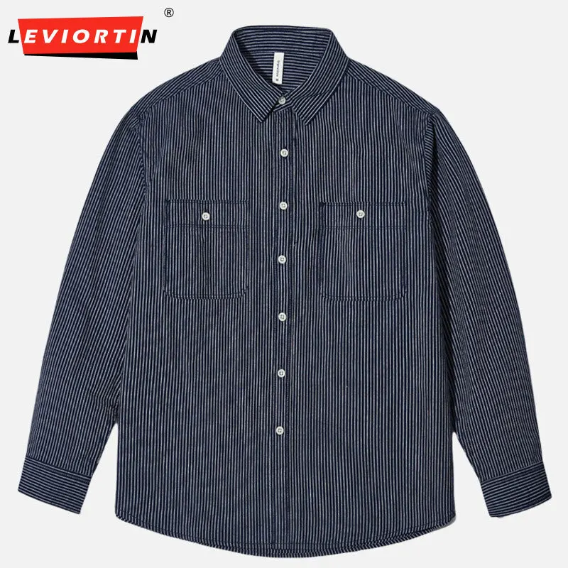 Men's Japanese retro striped shirt casual top trendy, versatile, comfortable, loose, breathable pure cotton long sleeved shirt