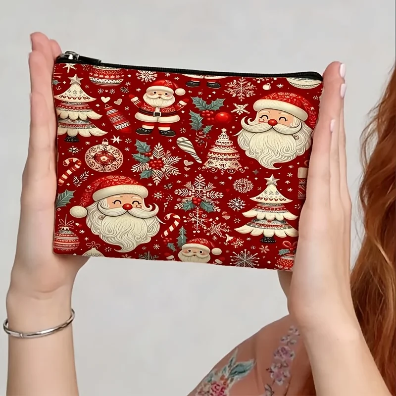 Christmas Santa Claus Makeup Bag Cosmetic Pouch Red Background Santa Snowflake Tree Holly Print Portable Storage Purse Xmas Gift