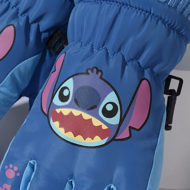 Disney Stitch Kid Ski Gloves Cotton Plus Velvet Thicken Coldproof Cartoon Glove Waterproof Windproof Winter Warm Play Snow Gifts