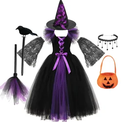 2024 Girls Halloween Costume Witch Dress Deluxe Maleficent Cosplay Kids Evil Queen Cosplay Vestidos Party Clothes