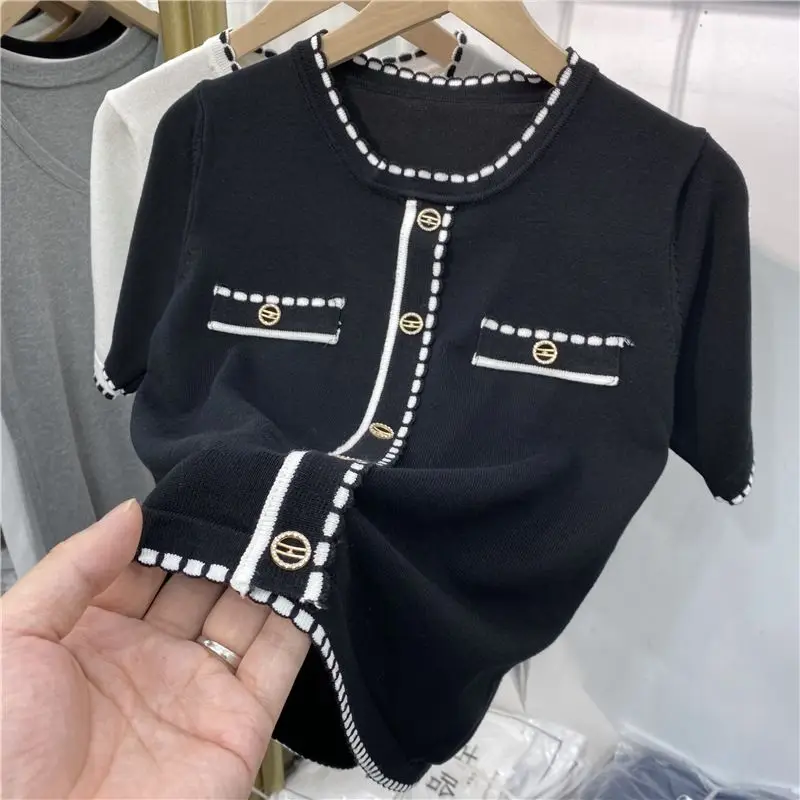 Ice Silk Knitting Casual Short Sleeve T-shirts Summer Contrast Patchwork Fashion Pullovers Tops Vintage Korean Women Clothing