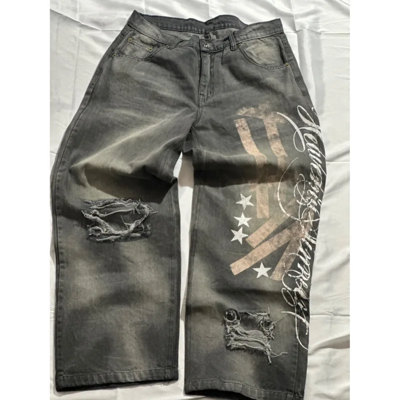 American retro style vintage graffiti ripped holes wide leg casual pants loose casual men's/women's versatile straight leg pants