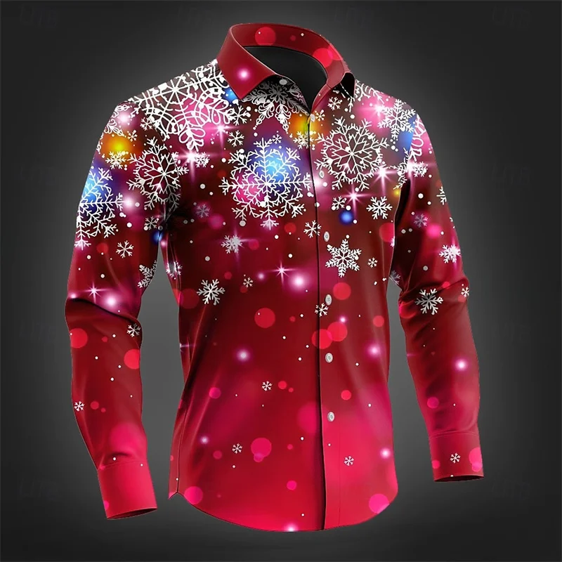 Men Casual Long Sleeve Shirt Bright Red Sparkling‑winter Design Turn‑down Collar Button‑down Festival Night‑out Top