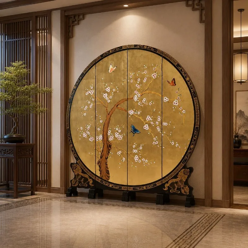 [Round screen lion hydrangea] New Chinese gold foil hand-painted screen/partition/entrance entrance/tea room/background wall