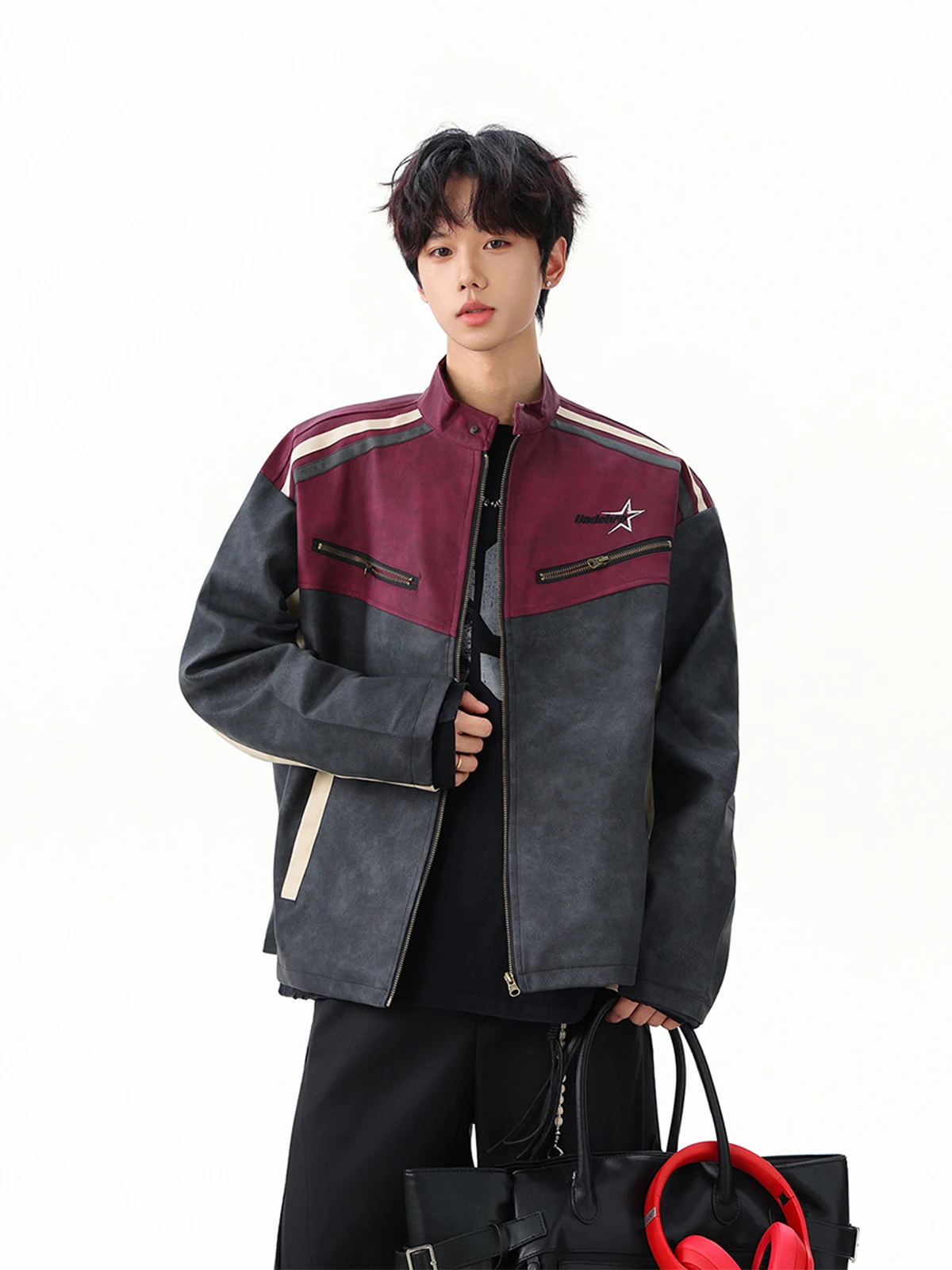 Spring and Autumn New American Style Stand Collar Men's Red PU Leather Jacket High Street Motorcycle Retro Short Casual Coat