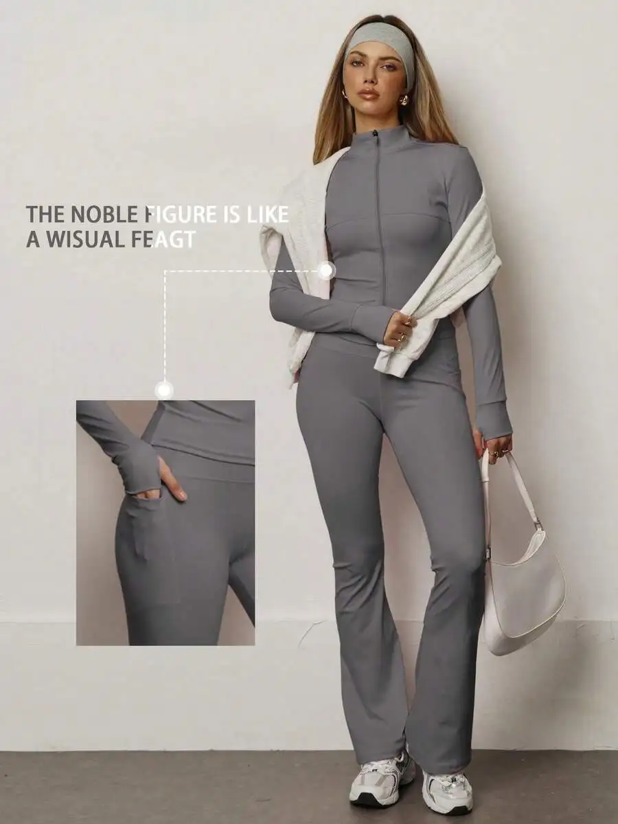 

Gray Solid Seamless Elastic Sports Set Women Butt Lifting Slim Fit Leggings Jacket For Yoga Fitness Running