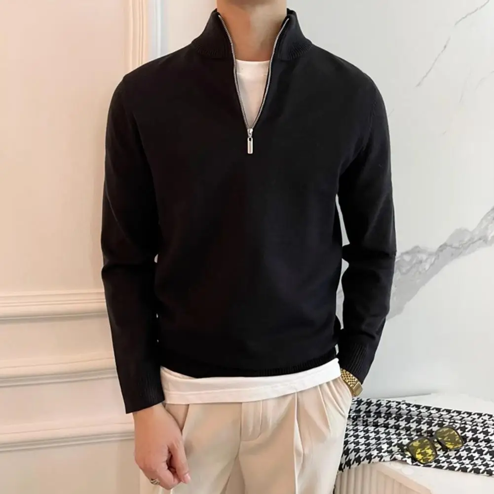 Men Solid Color Pullover Sweater Men's Fall Winter Zippered Half-high Collar Sweater Retro Knitted Thick Warm Pullover for Daily