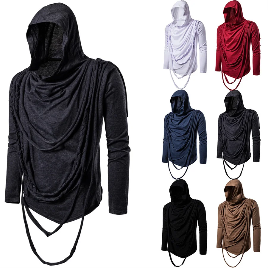 New Men's Tassel Irregular Long Sleeve T-shirts Spring Punk Rock Hip Hop Tees Streetwear Trend Gothic Hooded Tops for Men