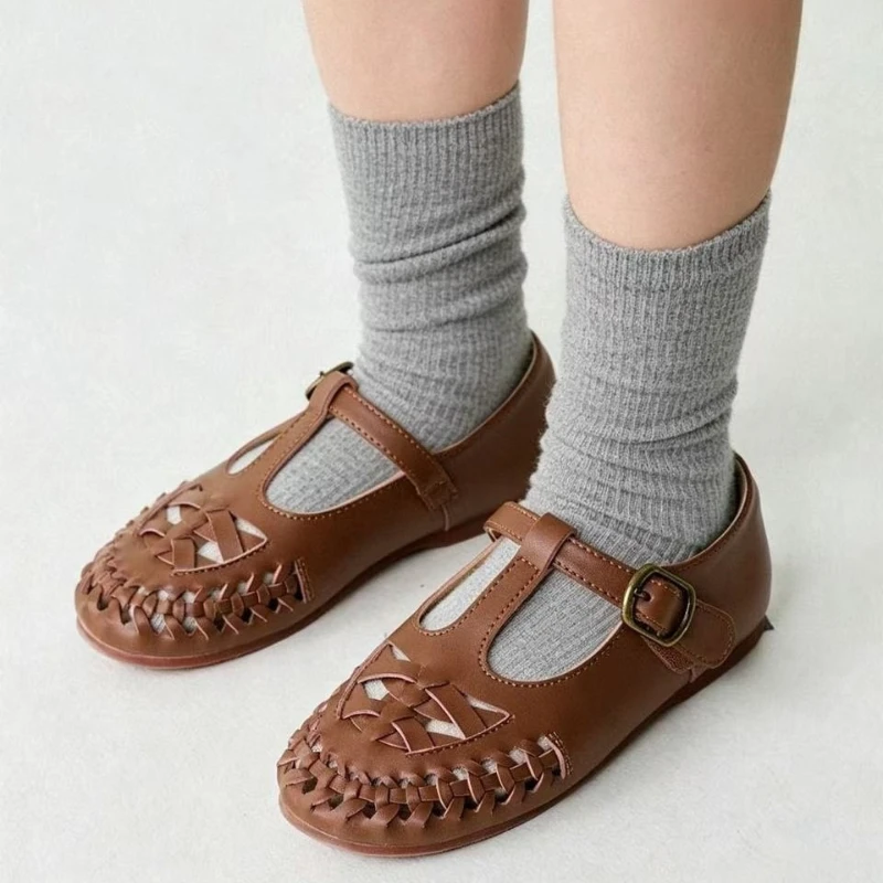 Girls Genuine Leather Woven T-Strap Sandals Retro Hollow Buckle Kids Mary Jane Shoes Soft Non-slip Toddler Summer Leather Flats