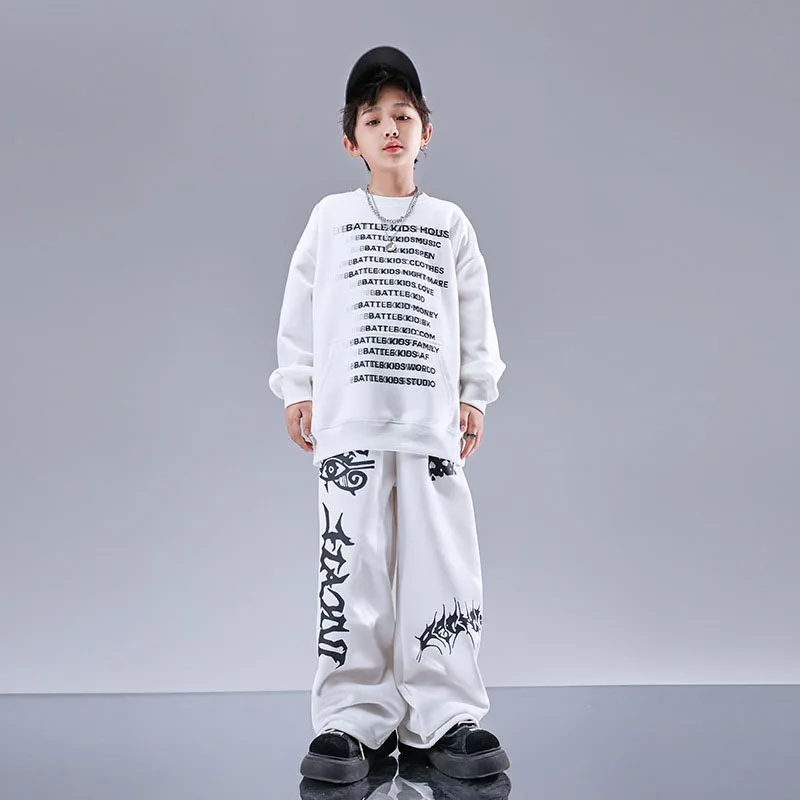 

Kid Cool Hip Hop Clothing White Letters Pocket Sweatshirt Casual Print Wide Sweat Pants for Girl Boy Jazz Dance Costume Clothes