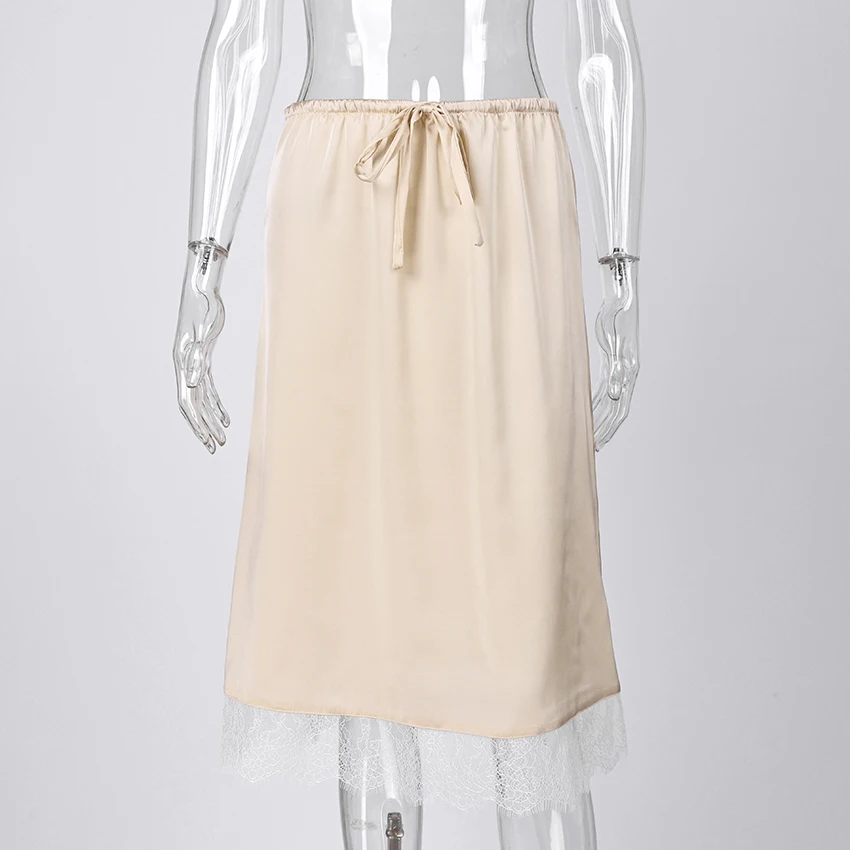 Casual Apricot Satin Lace Mid-Calf Skirts Women Street Chic Loose Long Straight Skirt Autumn Fashion Drawstring Skirts 2026