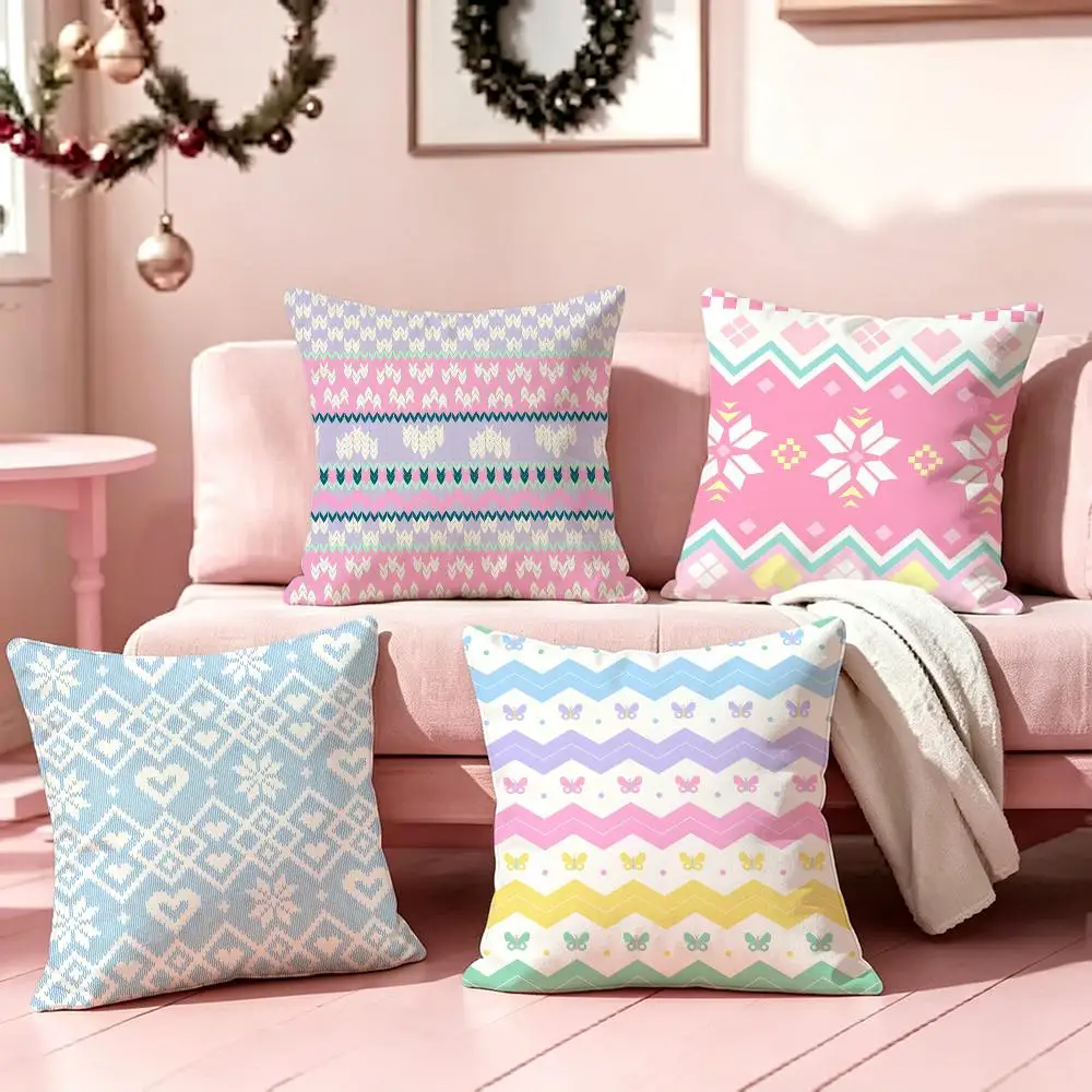 Pastel Fair Isle Knit Cushion Cover Pillow Short Plush Pillow Cute Simple Style For Living Room Bedroom Birthday Gift