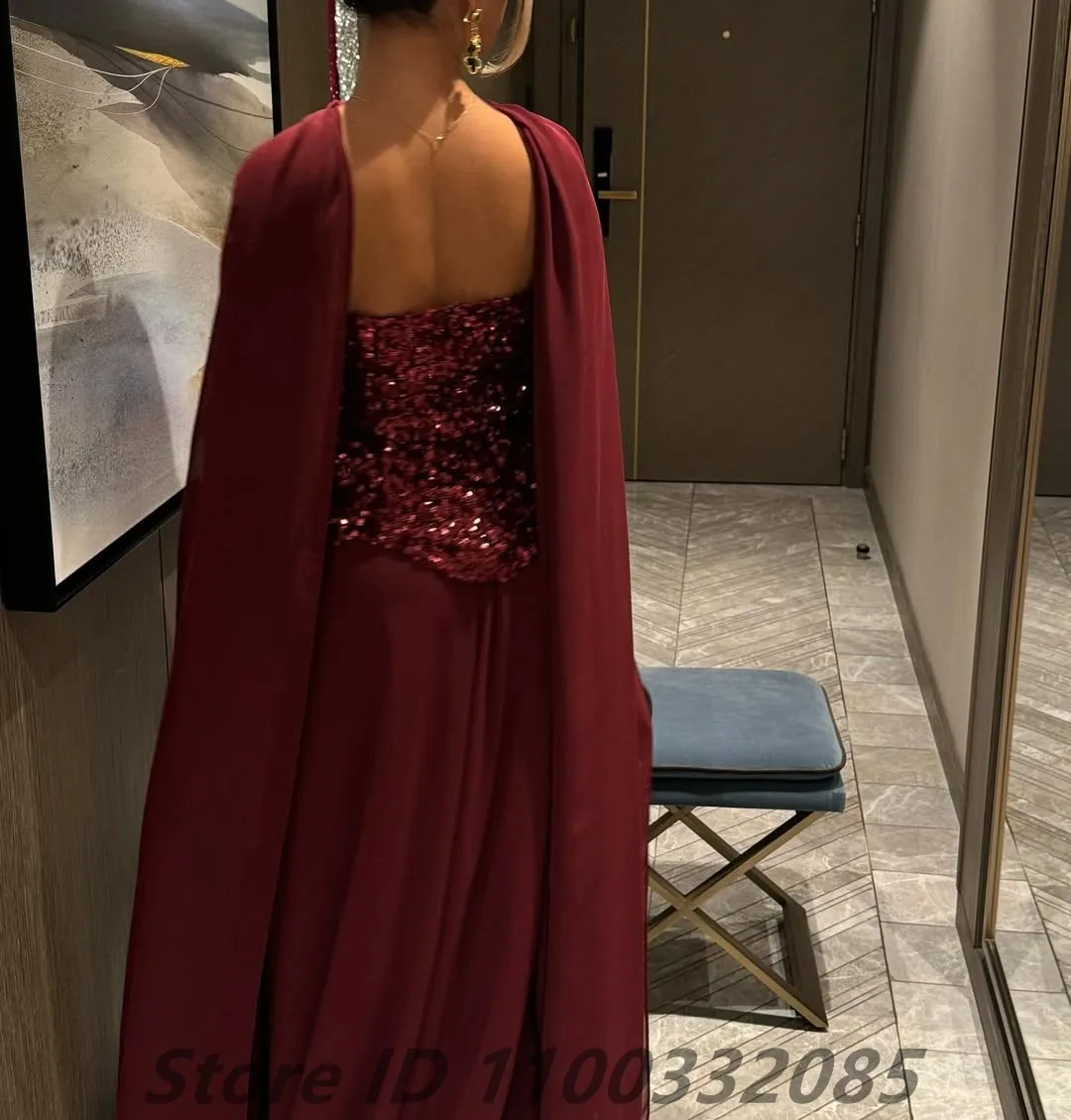 EPackage-Robe de soirée en mousseline de soie bordeaux pour femme, ligne A, arabe saoudien, cape à paillettes, robe de Rh, robe formelle personnalisée, Dubaï