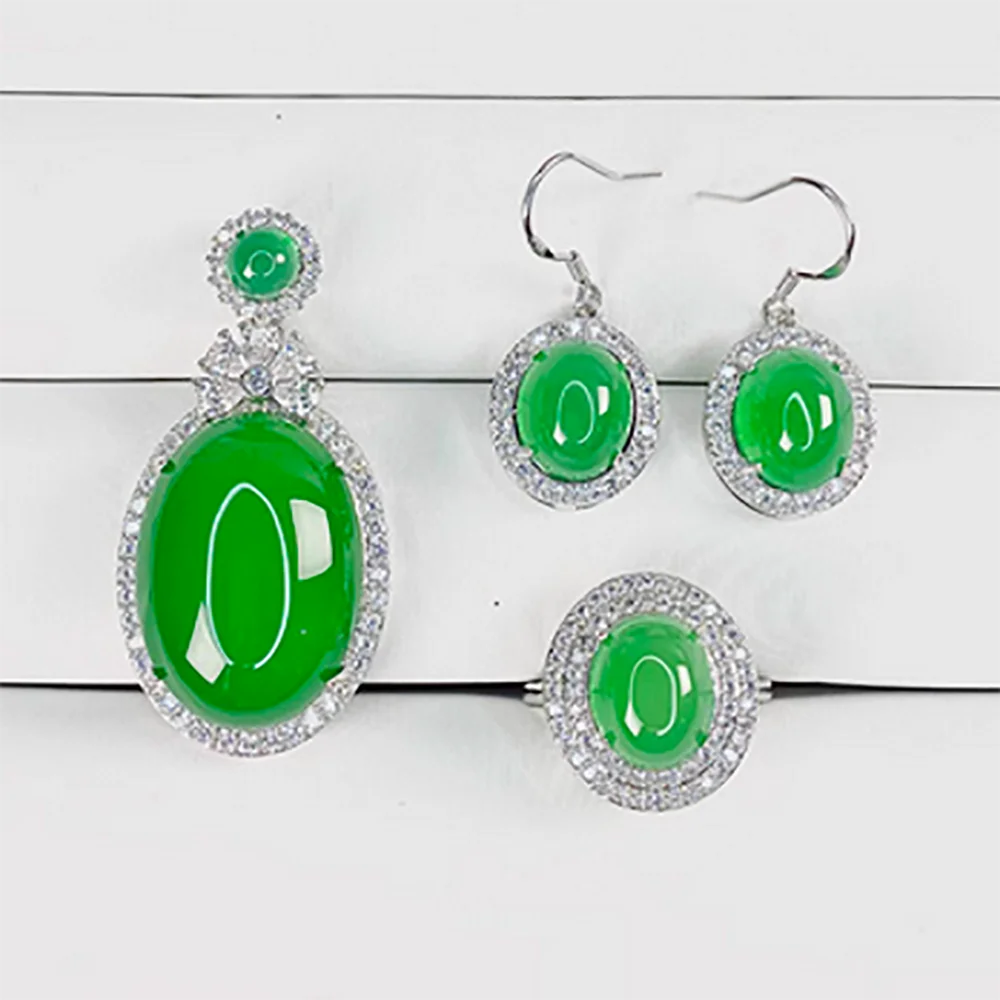 Natural Jade Marrow Ear Pendant Jade Color Women's Set with Gemstone, Jade Emperor Green Agate Earrings Set