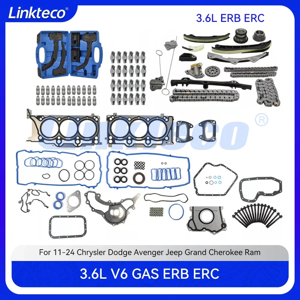 

ERB ERC Engine Rebuild Timing Chain Kit Full Gasket Rocker Arm Lifter Set For 11-24 3.6 T L Chrysler Dodge Jeep RAM 3.6L V6 DOHC