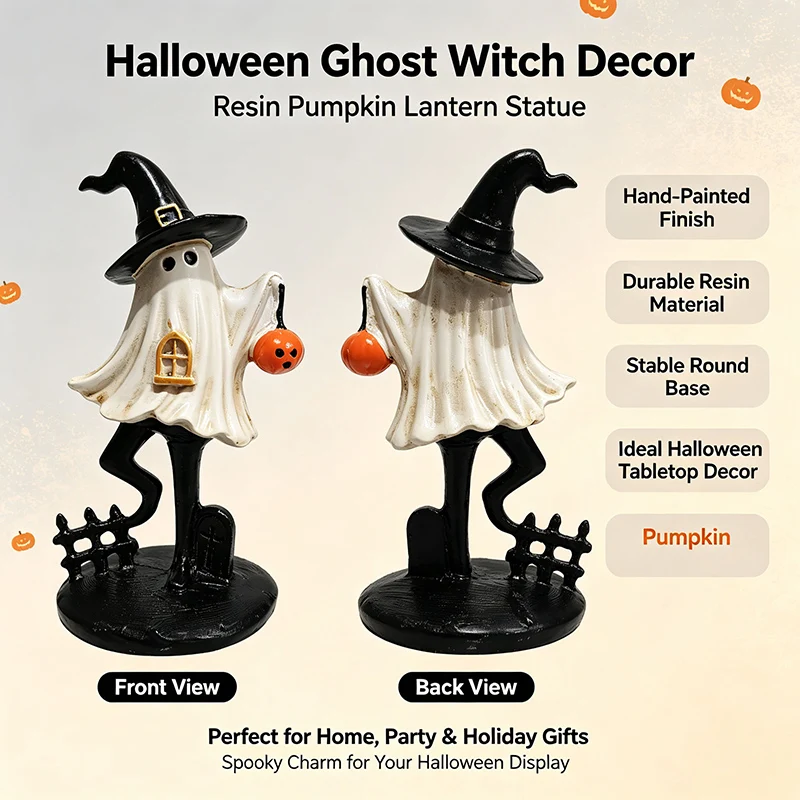 Halloween Ghost Figurine Cute Pumpkin Ghost Resin Statue for Desk Tabletop Centerpieces Spooky Home