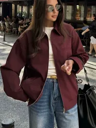 Burgundy Woman Vintage Jacket Zipper Canvas Casual Long Sleeve Short Coat 2024 Ladies Autumn High Street Elegant Outwear Chic