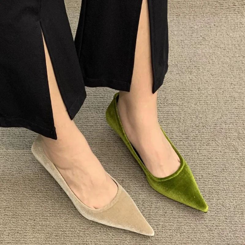 Women Low Heel Pointed Toe Pumps Velvet Slip-on Cozy Ladies Heeled Shoe Stiletto 5cm Wine Red 2024 Summer High Heels Shoes new