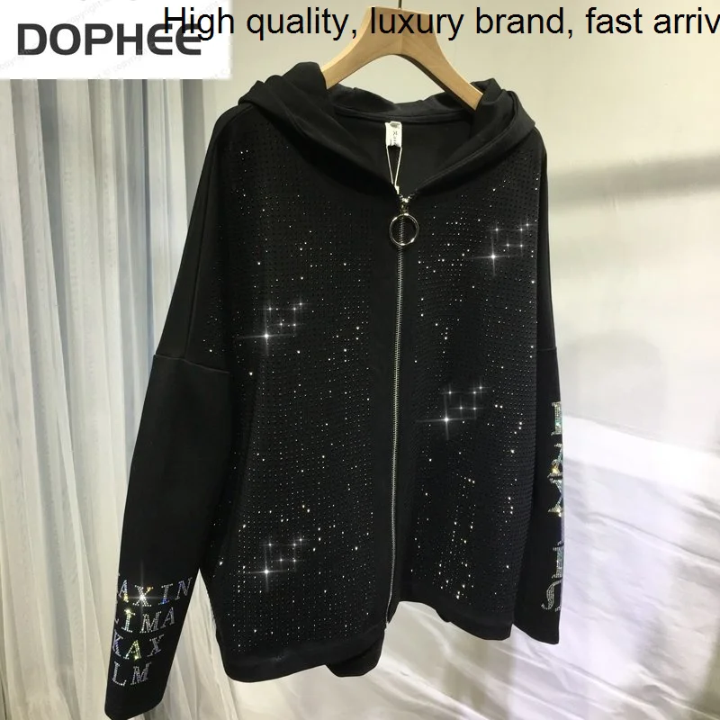 Drilling Trendy Hot Women Jackets Alphabet Black Hooded Zip Cardigans Top Full Sleeve Loose Autumn Streetwear Coat Outwear 2023