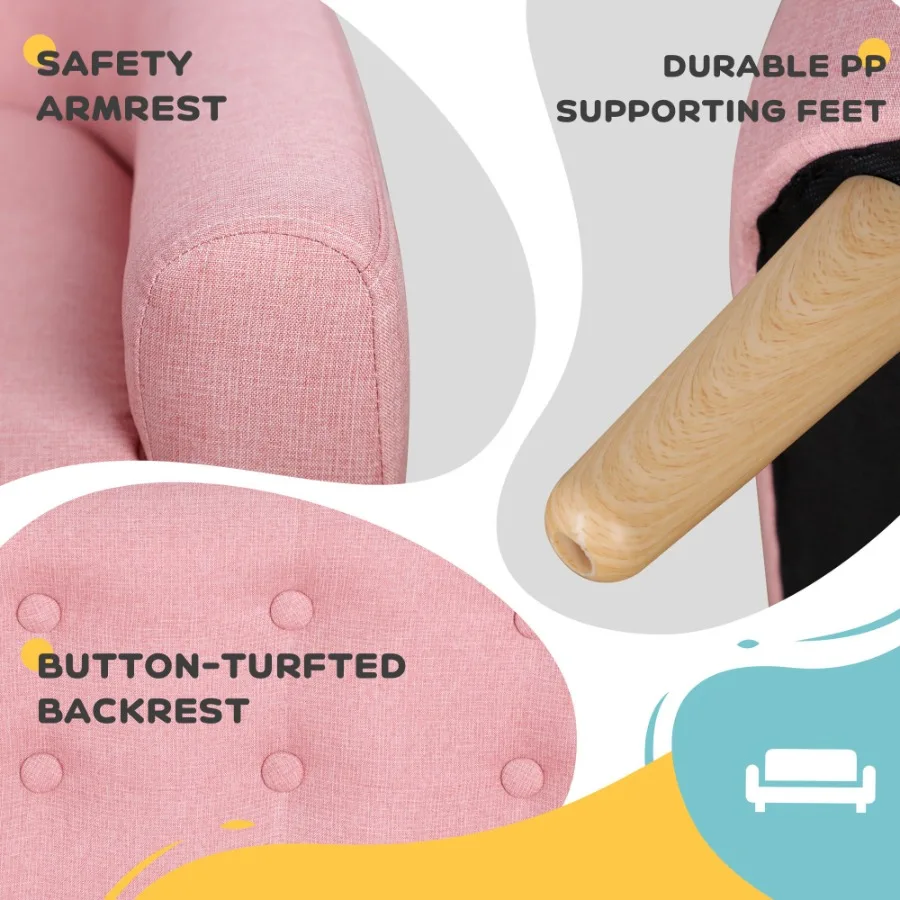 أريكة قابا للأطفال الصغار باللون الوردي بمقعدين وإطار من خشب الكتان المتين لأريكة غرفة الحضانة لعمر 3-6 سنوات