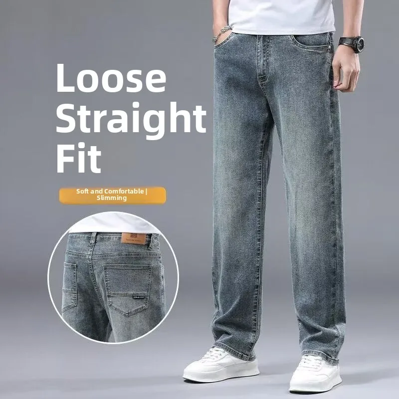 

Spring Autumn Men's Loose Straight Leg Stretchy Jeans Casual Long Trousers Busin Sle mid Waist Zipper ket Faionable...