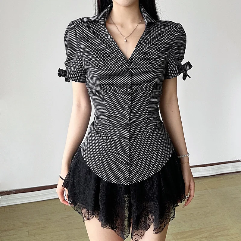 

Women's Temperament Wave Point Contrasting Color Lapel Buckle Waist Cinching Short Sleeved Shirt Top 2025