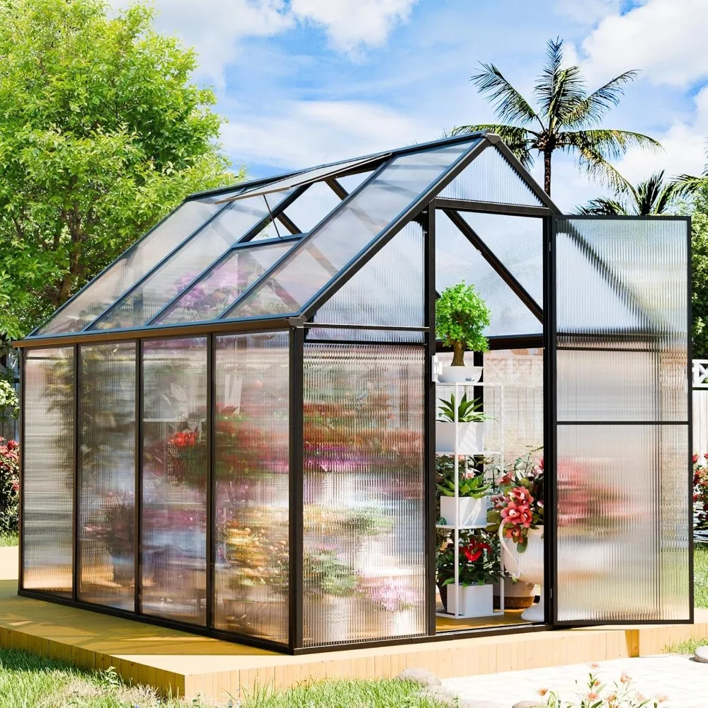 Greenhouse Kit,8x6 FT Outsides Green House Windows Door for Backyard Garden, Outside Walk in Plant Greenhouses,Black Thick Frame