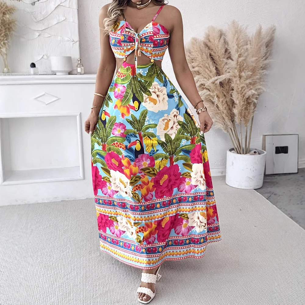 Women Floarl Print V Neck Lace Up Hollow Out Vaction Dress Casual A Line Tied Detail Backless Maxi Dress