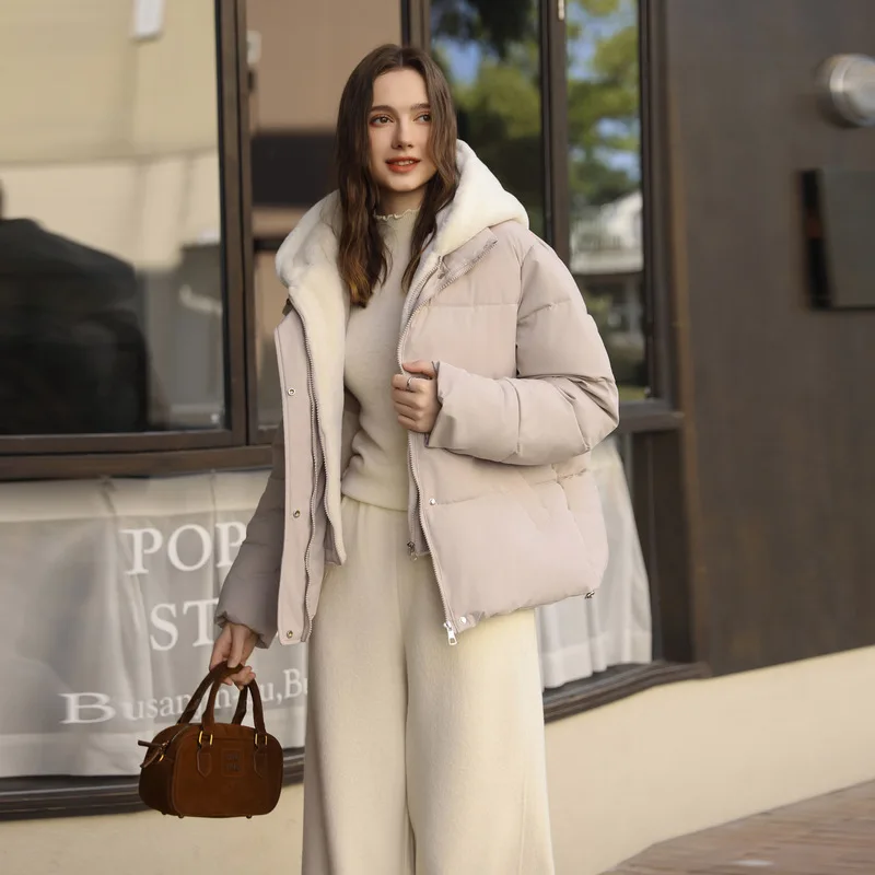 

Women's Patchwork Plush Hooded Cotton-Padded Jacket Two-Piece Set Fashionable Versatile Trendy Winter Vacation Wear