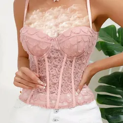 New Women's Strap Solid Color Flower Decoration Sexy Tank Top Women's Adjustable Shoulder Strap Fish Bone Mesh Tank Top Bra