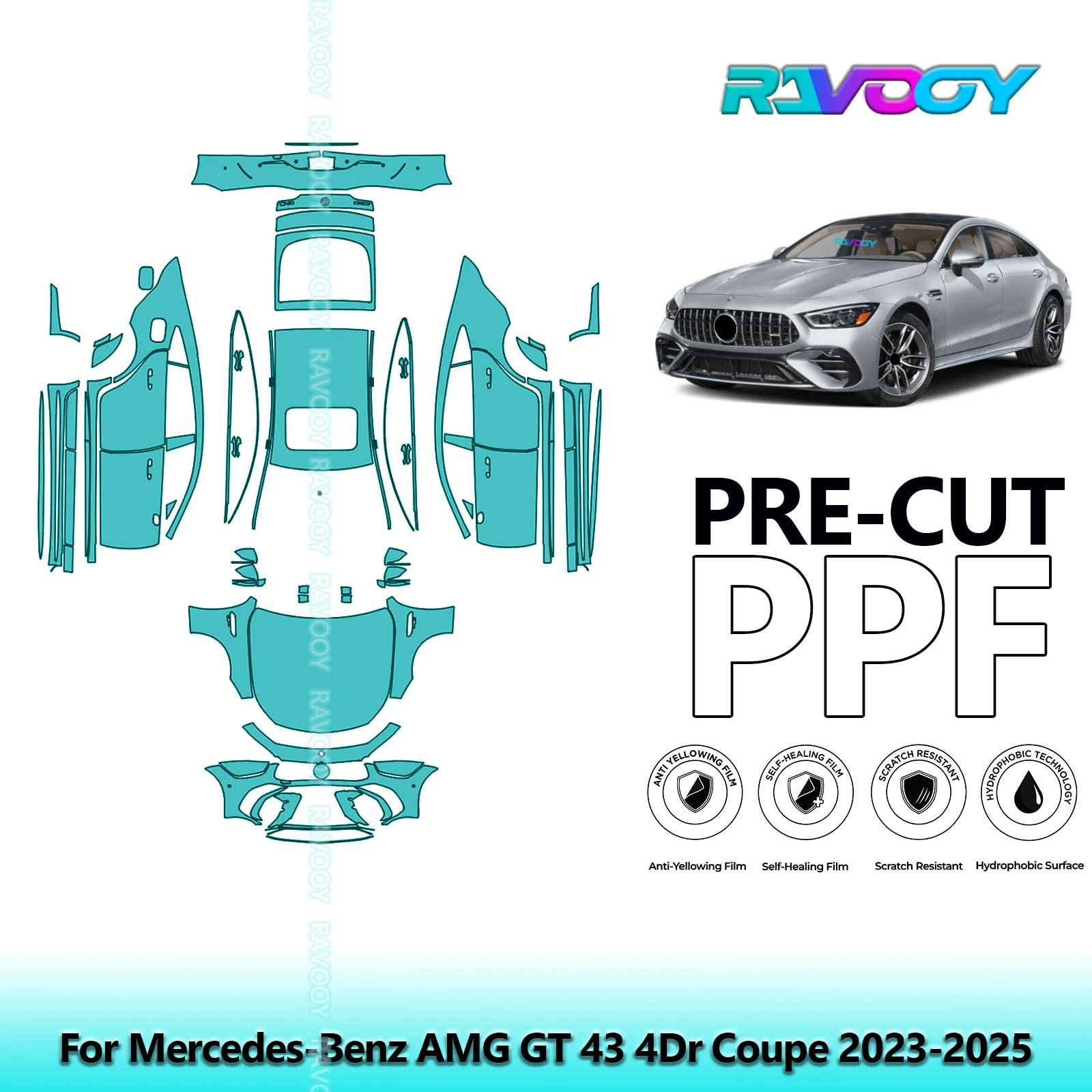 RAVOOY Custom-Fit Precut TPU PPF Full Vehicle Clear Bra Stone Guard EU UK For Mercedes-Benz AMG GT 43 4Dr Coupe 2023-2025