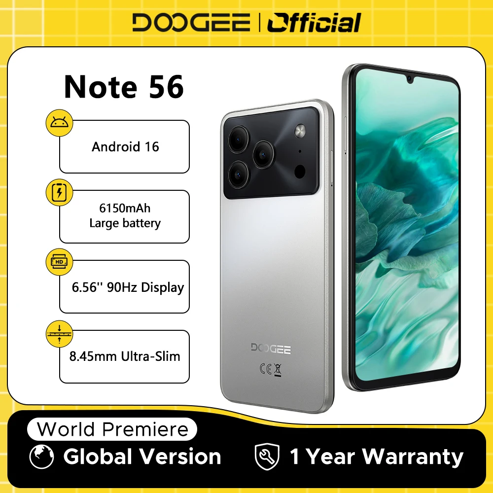 Global Version DOOGEE Note 56 Smartphone 24GB 64GB 6150mAh Large Battery 6.56'' 90Hz Display Mobile Phone Android 16