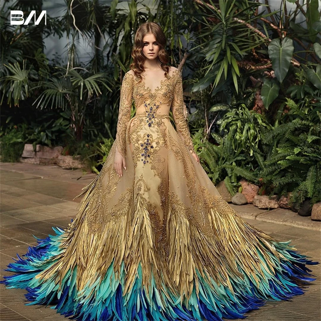 Haute Couture Golden Peacock Prom Dress Blue Hues Off the Shoulder abito da sera a maniche lunghe abito da festa piume di dimensionamento