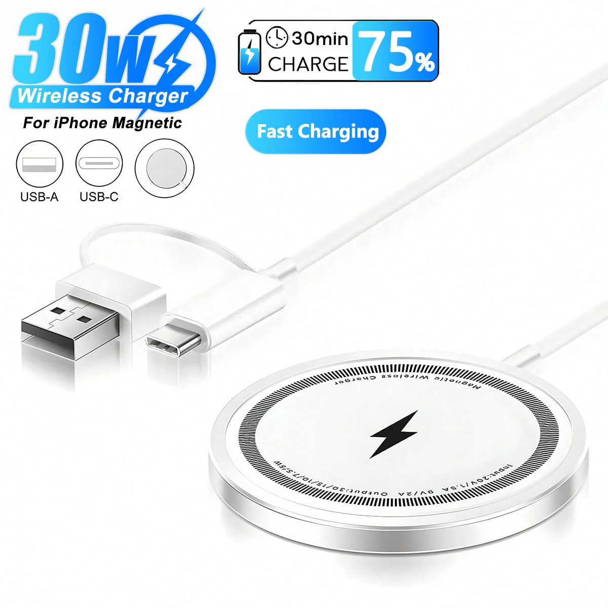 30W Magnetic Chargers Type C Fast Wireless Charger Pad Stand For IPhone 16 15 14 13 12 Pro Max PD Macsafe Phone Charging Dock