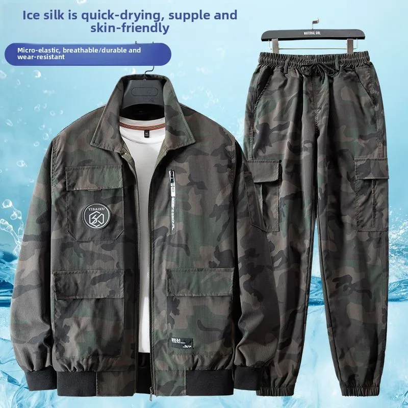 Men's Military Style Summer Elastic Waist Workwear Set Thin Resistant Outdoor Labor Stretchy Work Clothes Breathable Cargo Set