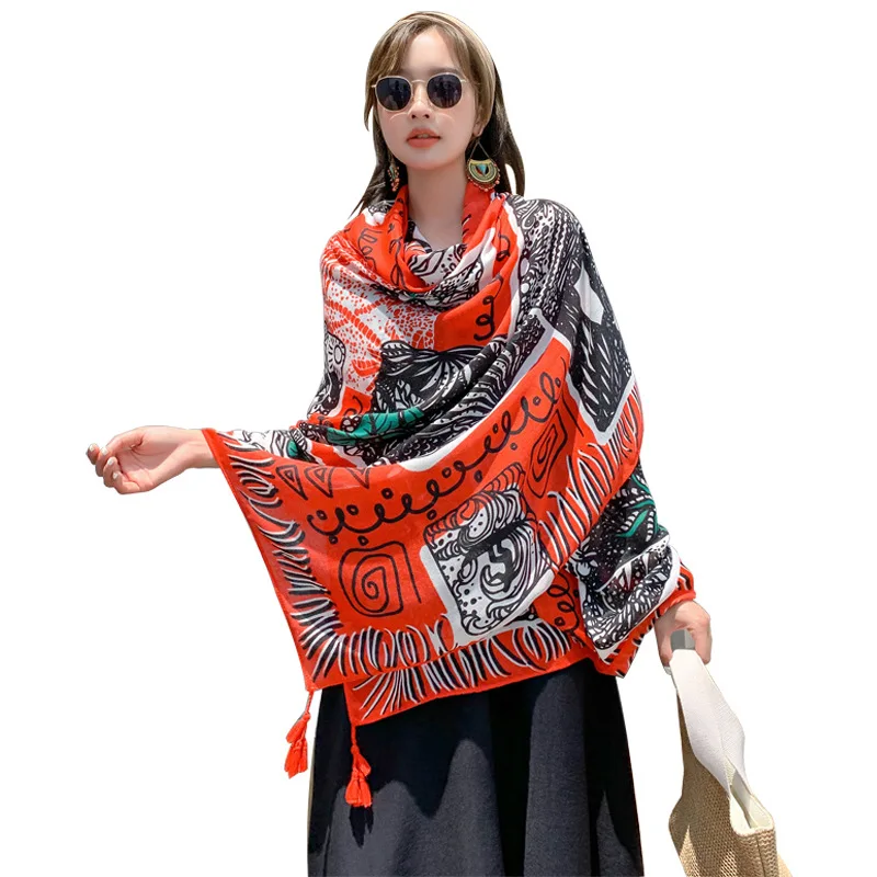 

Ethnic Exotic Shawl Summer Autumn Winter Silk Scarf Coconut Tree Red Tassel Air Conditioning Shawl